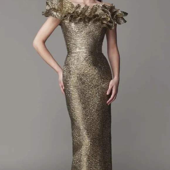 Luxurious Gold Ruffled Off-Shoulder Gown Viral Mother of the bride dress - Picture 2 of 13